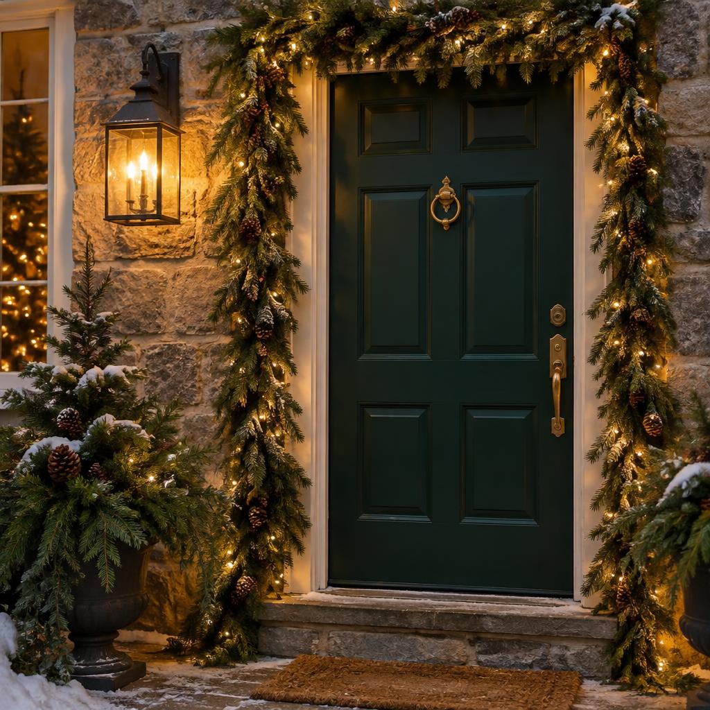 Design inspiration: a warmly lit doorway with evergreen garlands