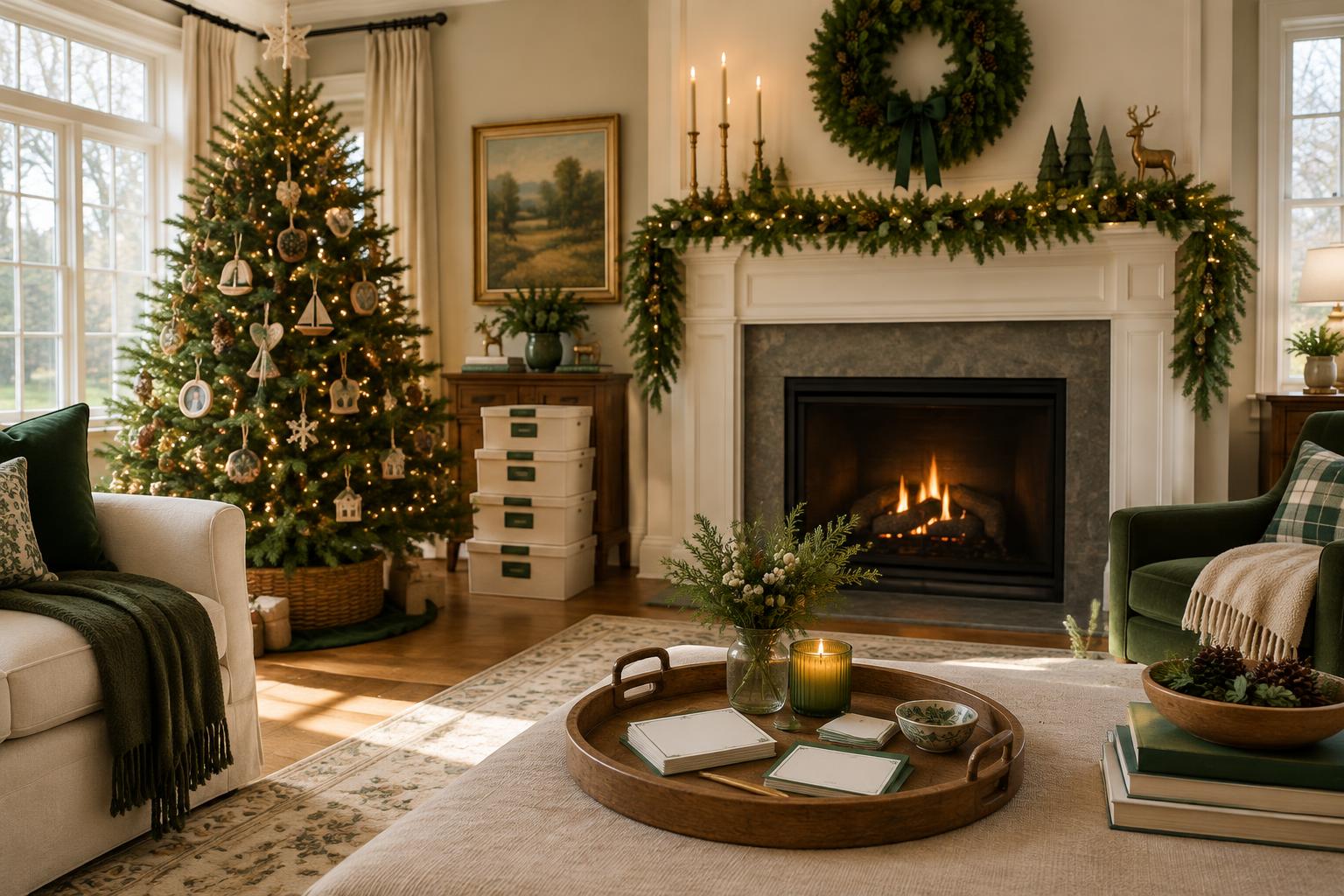 Indoor design inspiration: a decorated tree, mantel garland, memory cards and labeled boxes in a family room
